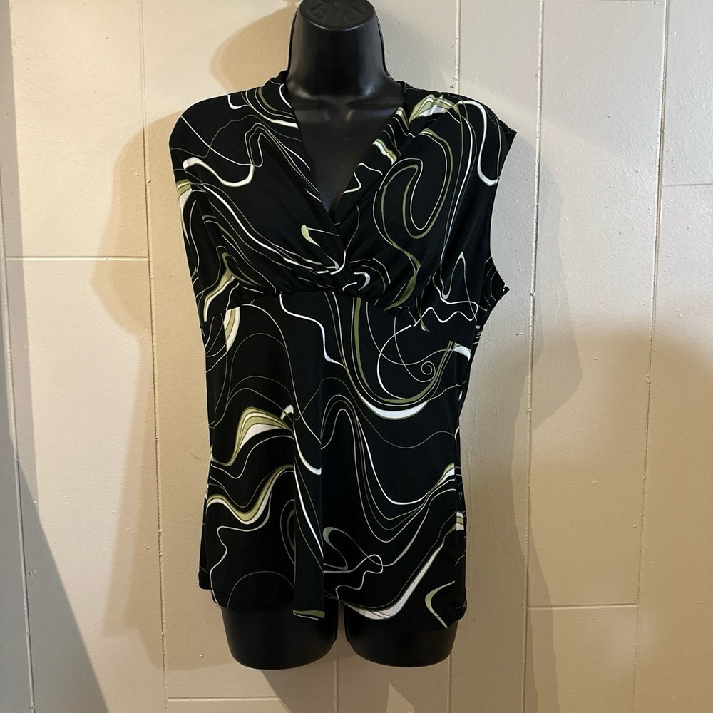 JKLA California Sleeveless Top Black Green Abstract Swirl V-Neck Blouse Large